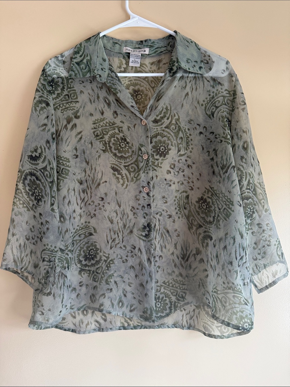 Vintage blouse Notations Sheer Olive Green Paisley Button-Front Blouse